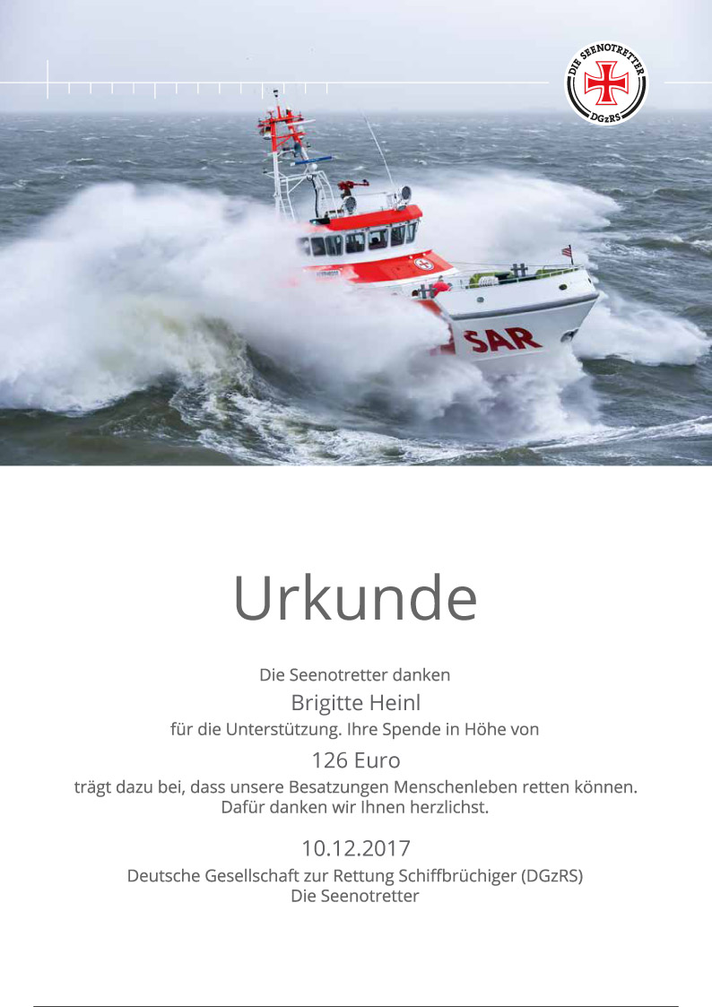 Spendenurkunde der Deutschen Gesellschaft zur Rettung Schiffbrüchiger